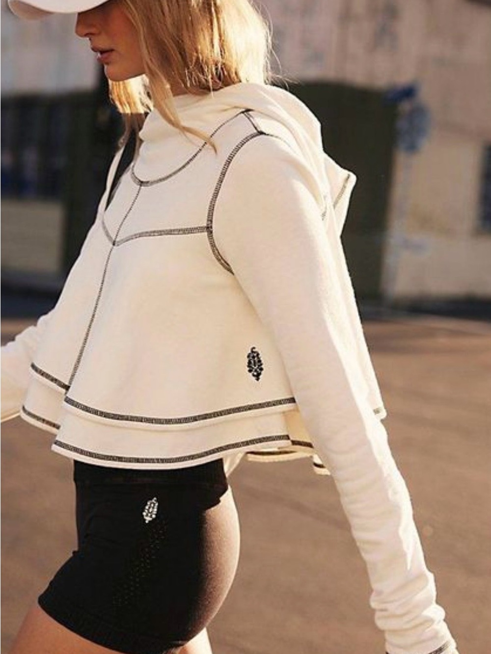 FP Movement by Free People Cream Layered Cropped Hoodie with Contrast Trim